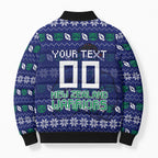 Personalized New Zealand Warriors Christmas Bomber Puffer Jacket Maori Rugby Fans - Pixelated Ugly Xmas Pattern Mascot Santa