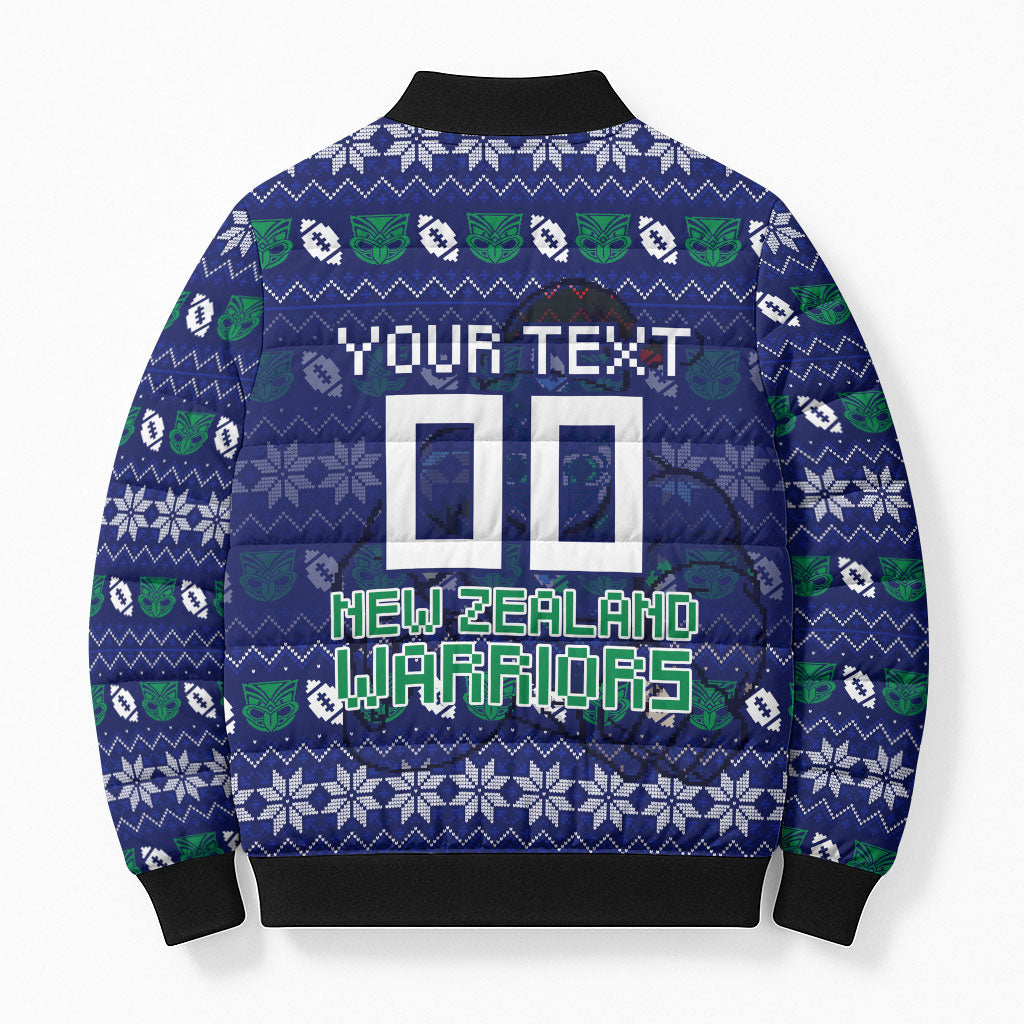 Personalized New Zealand Warriors Christmas Bomber Puffer Jacket Maori Rugby Fans - Pixelated Ugly Xmas Pattern Mascot Santa