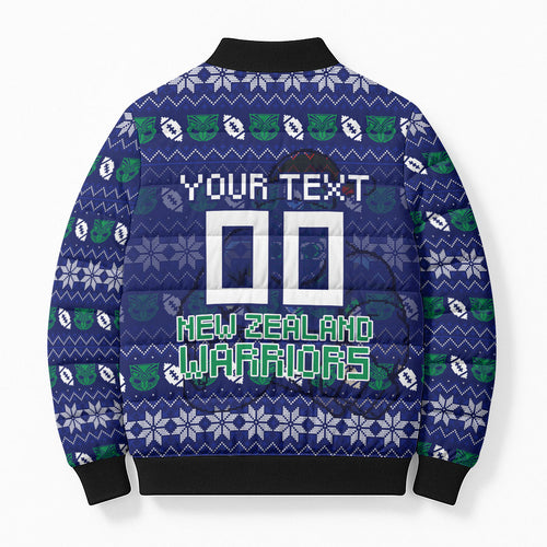 Personalized New Zealand Warriors Christmas Bomber Puffer Jacket Maori Rugby Fans - Pixelated Ugly Xmas Pattern Mascot Santa