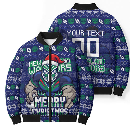 Personalized New Zealand Warriors Christmas Bomber Puffer Jacket Maori Rugby Fans - Pixelated Ugly Xmas Pattern Mascot Santa
