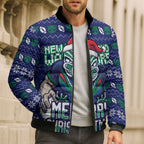 Personalized New Zealand Warriors Christmas Bomber Puffer Jacket Maori Rugby Fans - Pixelated Ugly Xmas Pattern Mascot Santa