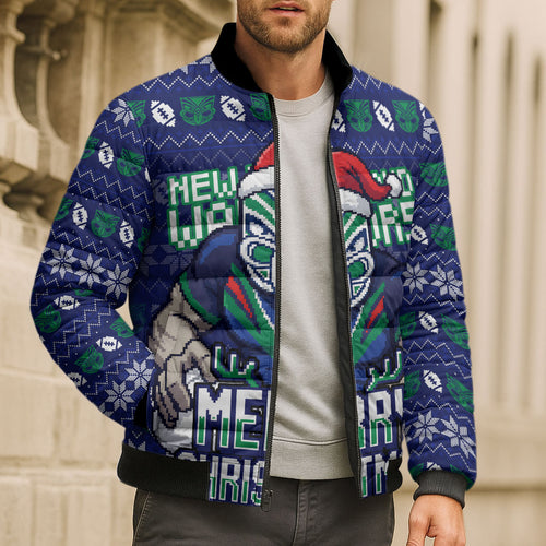 Personalized New Zealand Warriors Christmas Bomber Puffer Jacket Maori Rugby Fans - Pixelated Ugly Xmas Pattern Mascot Santa