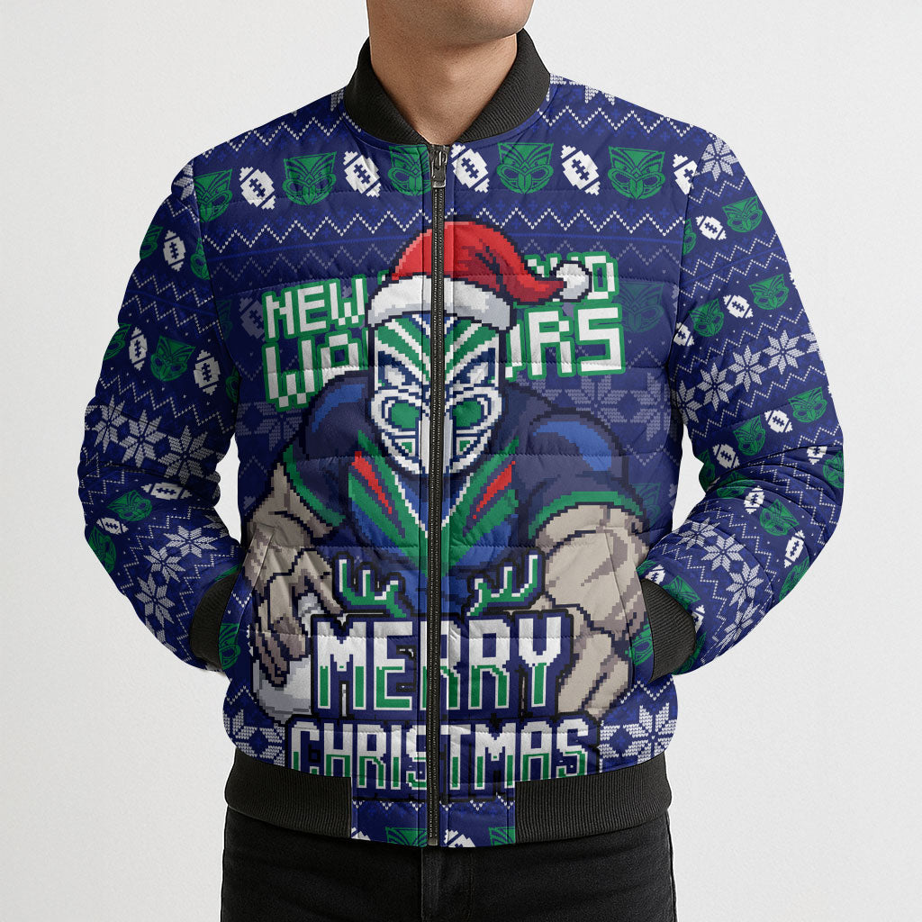 Personalized New Zealand Warriors Christmas Bomber Puffer Jacket Maori Rugby Fans - Pixelated Ugly Xmas Pattern Mascot Santa