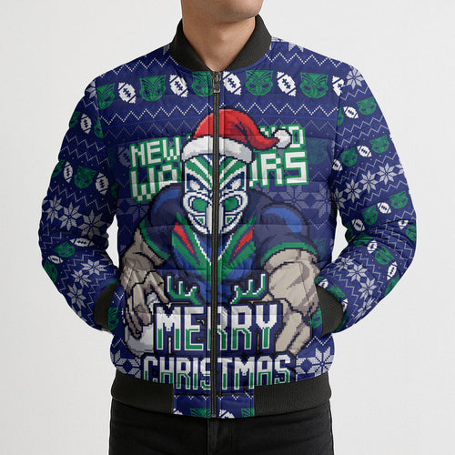 Personalized New Zealand Warriors Christmas Bomber Puffer Jacket Maori Rugby Fans - Pixelated Ugly Xmas Pattern Mascot Santa