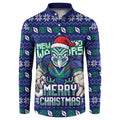 Personalized New Zealand Warriors Christmas Button Sweatshirt Maori Rugby Fans - Pixelated Ugly Xmas Pattern Mascot Santa