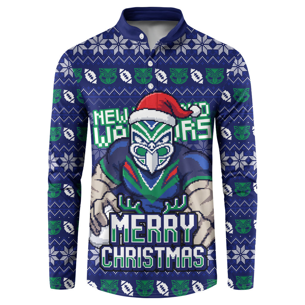 Personalized New Zealand Warriors Christmas Button Sweatshirt Maori Rugby Fans - Pixelated Ugly Xmas Pattern Mascot Santa