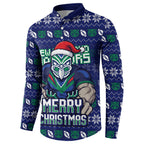 Personalized New Zealand Warriors Christmas Button Sweatshirt Maori Rugby Fans - Pixelated Ugly Xmas Pattern Mascot Santa