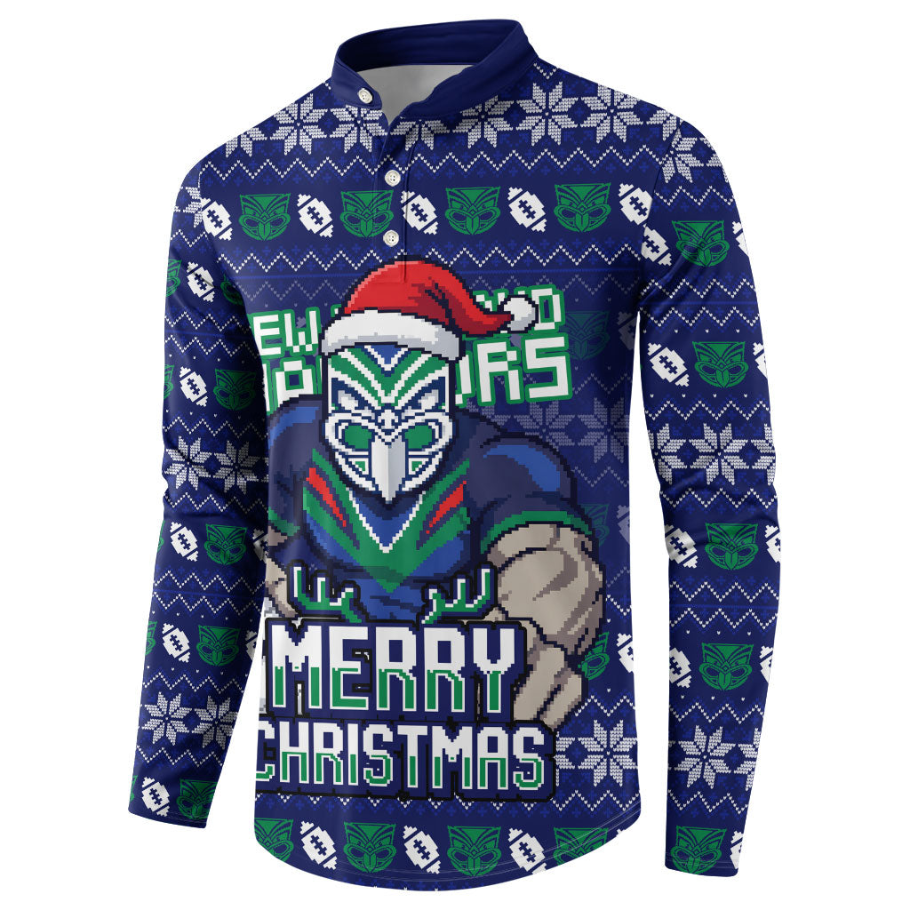 Personalized New Zealand Warriors Christmas Button Sweatshirt Maori Rugby Fans - Pixelated Ugly Xmas Pattern Mascot Santa