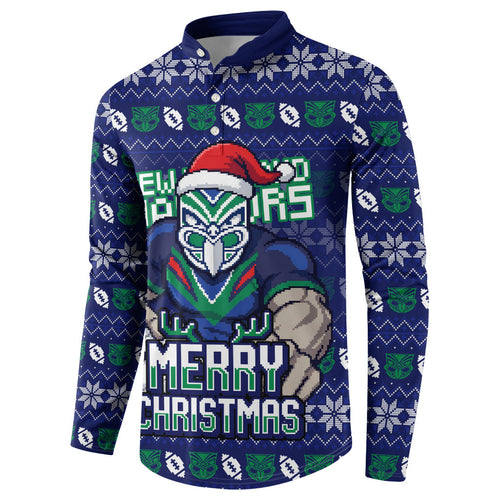 Personalized New Zealand Warriors Christmas Button Sweatshirt Maori Rugby Fans - Pixelated Ugly Xmas Pattern Mascot Santa