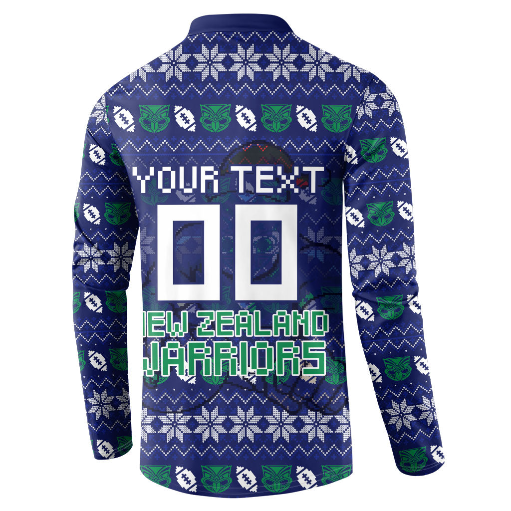 Personalized New Zealand Warriors Christmas Button Sweatshirt Maori Rugby Fans - Pixelated Ugly Xmas Pattern Mascot Santa