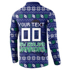Personalized New Zealand Warriors Christmas Button Sweatshirt Maori Rugby Fans - Pixelated Ugly Xmas Pattern Mascot Santa