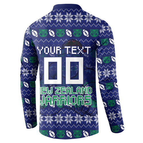 Personalized New Zealand Warriors Christmas Button Sweatshirt Maori Rugby Fans - Pixelated Ugly Xmas Pattern Mascot Santa