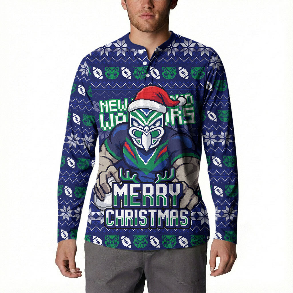 Personalized New Zealand Warriors Christmas Button Sweatshirt Maori Rugby Fans - Pixelated Ugly Xmas Pattern Mascot Santa