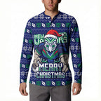 Personalized New Zealand Warriors Christmas Button Sweatshirt Maori Rugby Fans - Pixelated Ugly Xmas Pattern Mascot Santa