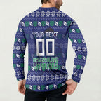 Personalized New Zealand Warriors Christmas Button Sweatshirt Maori Rugby Fans - Pixelated Ugly Xmas Pattern Mascot Santa