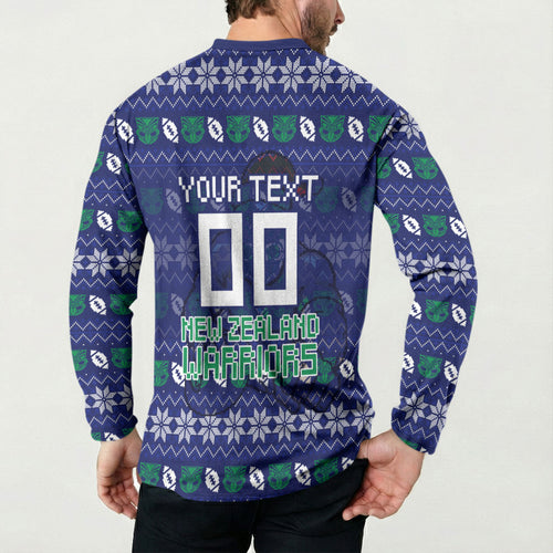 Personalized New Zealand Warriors Christmas Button Sweatshirt Maori Rugby Fans - Pixelated Ugly Xmas Pattern Mascot Santa