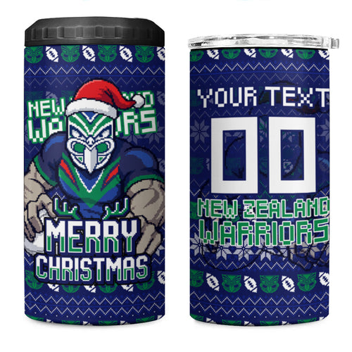 Personalized New Zealand Warriors Christmas 4 in 1 Can Cooler Tumbler Maori Rugby Fans - Pixelated Ugly Xmas Pattern Mascot Santa