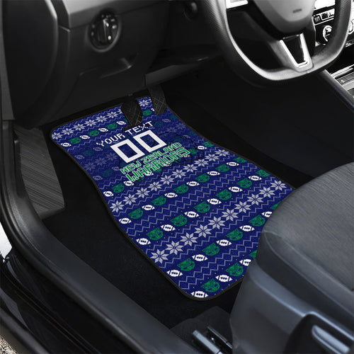 Personalized New Zealand Warriors Christmas Car Mats Maori Rugby Fans - Pixelated Ugly Xmas Pattern Mascot Santa