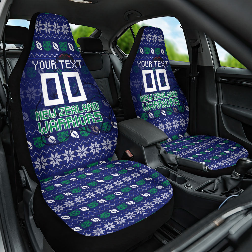Personalized New Zealand Warriors Christmas Car Seat Cover Maori Rugby Fans - Pixelated Ugly Xmas Pattern Mascot Santa