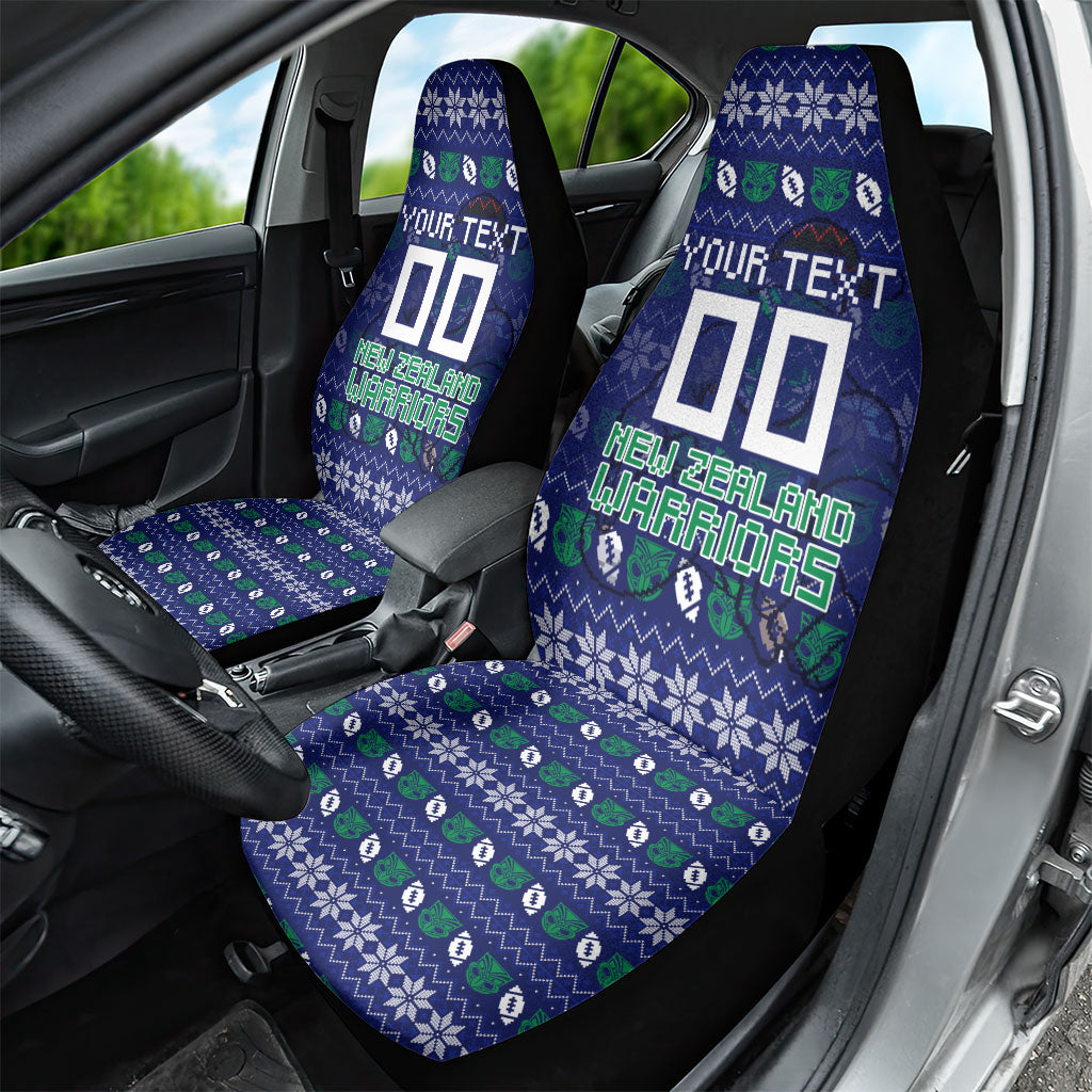 Personalized New Zealand Warriors Christmas Car Seat Cover Maori Rugby Fans - Pixelated Ugly Xmas Pattern Mascot Santa