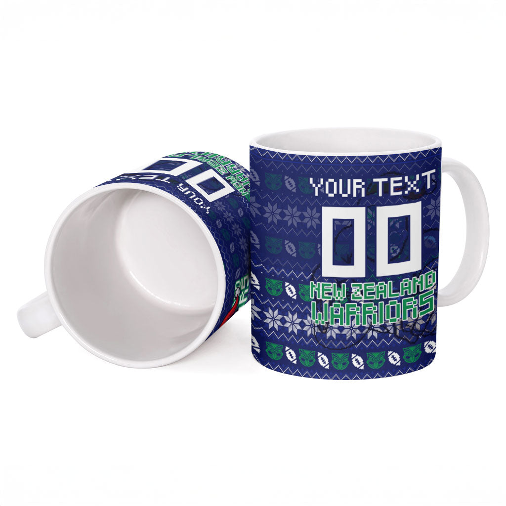 Personalized New Zealand Warriors Christmas Ceramic Mug Maori Rugby Fans - Pixelated Ugly Xmas Pattern Mascot Santa