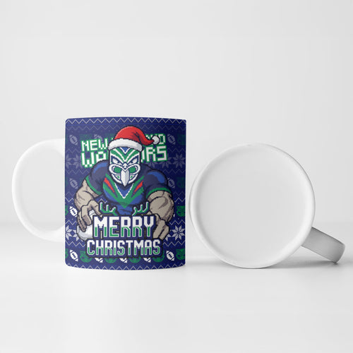 Personalized New Zealand Warriors Christmas Ceramic Mug Maori Rugby Fans - Pixelated Ugly Xmas Pattern Mascot Santa