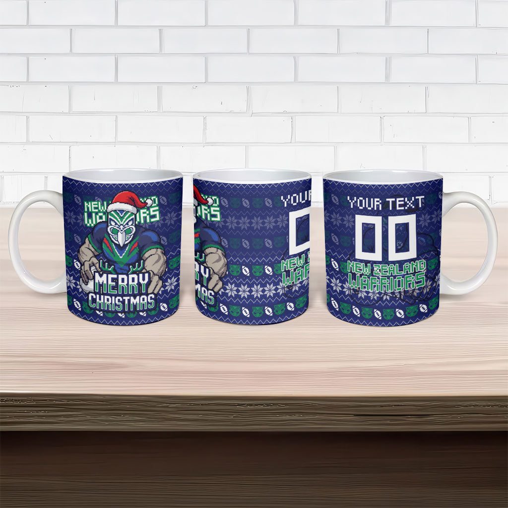 Personalized New Zealand Warriors Christmas Ceramic Mug Maori Rugby Fans - Pixelated Ugly Xmas Pattern Mascot Santa