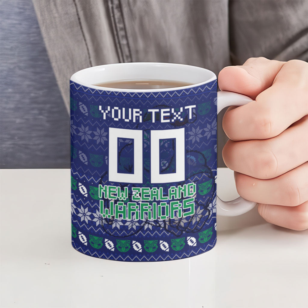 Personalized New Zealand Warriors Christmas Ceramic Mug Maori Rugby Fans - Pixelated Ugly Xmas Pattern Mascot Santa