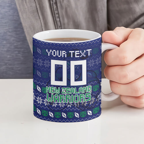 Personalized New Zealand Warriors Christmas Ceramic Mug Maori Rugby Fans - Pixelated Ugly Xmas Pattern Mascot Santa