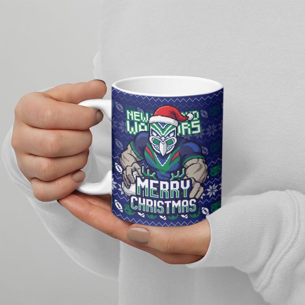 Personalized New Zealand Warriors Christmas Ceramic Mug Maori Rugby Fans - Pixelated Ugly Xmas Pattern Mascot Santa