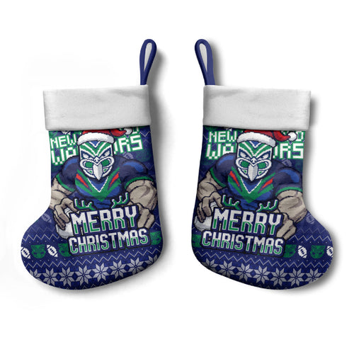 New Zealand Warriors Christmas Stocking Maori Rugby Fans - Pixelated Ugly Xmas Pattern Mascot Santa