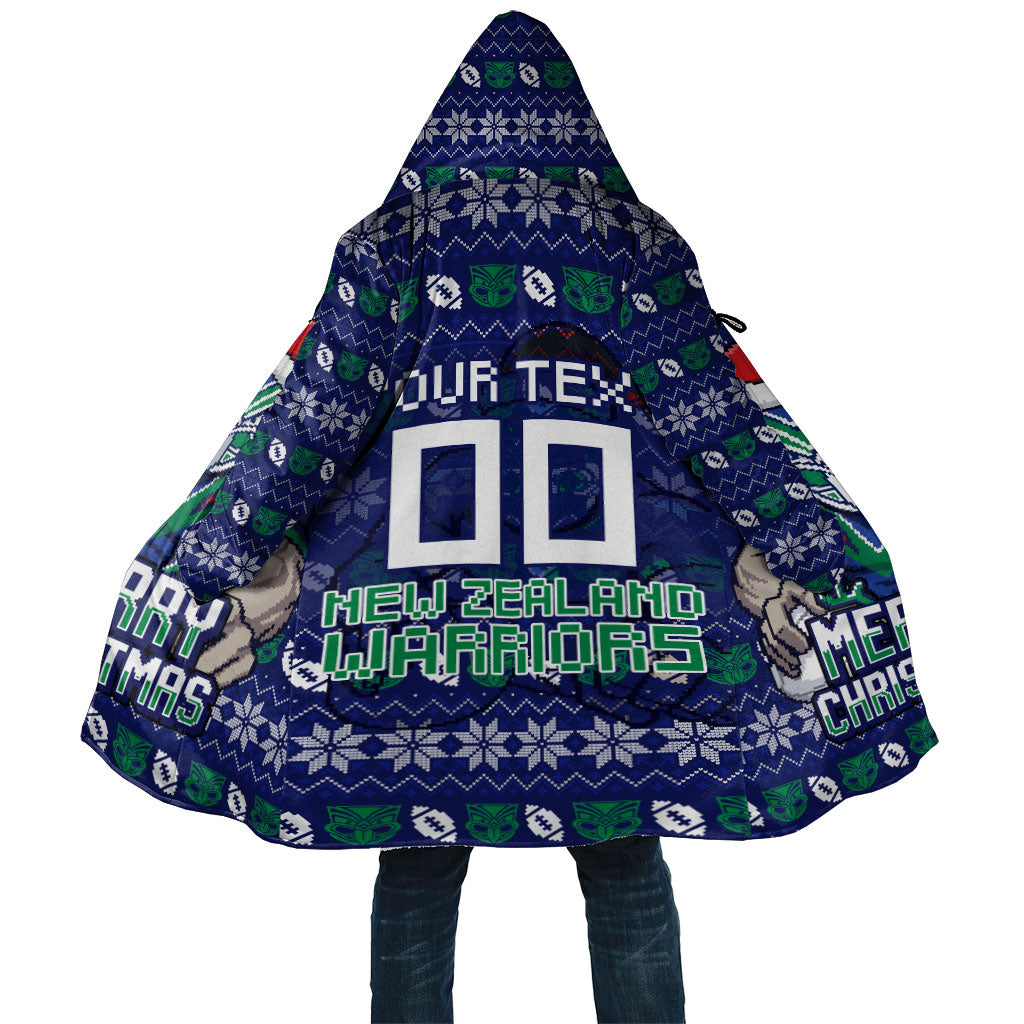Personalized New Zealand Warriors Christmas Cloak Maori Rugby Fans - Pixelated Ugly Xmas Pattern Mascot Santa