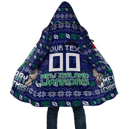 Personalized New Zealand Warriors Christmas Cloak Maori Rugby Fans - Pixelated Ugly Xmas Pattern Mascot Santa