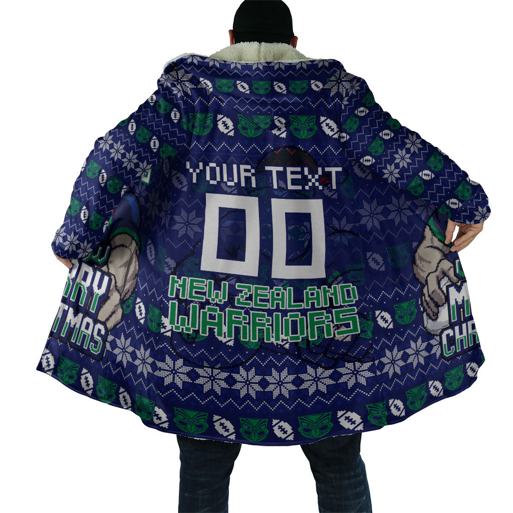 Personalized New Zealand Warriors Christmas Cloak Maori Rugby Fans - Pixelated Ugly Xmas Pattern Mascot Santa