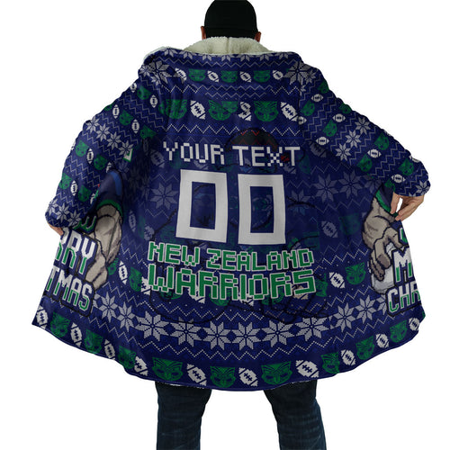 Personalized New Zealand Warriors Christmas Cloak Maori Rugby Fans - Pixelated Ugly Xmas Pattern Mascot Santa
