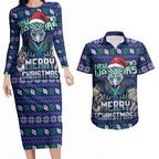 Personalized New Zealand Warriors Christmas Couples Matching Long Sleeve Bodycon Dress and Hawaiian Shirt Maori Rugby Fans - Pixelated Ugly Xmas Pattern Mascot Santa