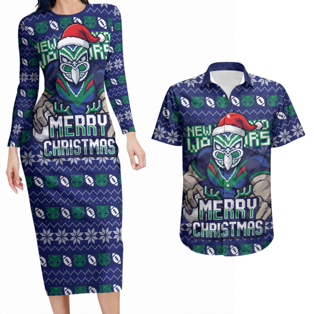 Personalized New Zealand Warriors Christmas Couples Matching Long Sleeve Bodycon Dress and Hawaiian Shirt Maori Rugby Fans - Pixelated Ugly Xmas Pattern Mascot Santa