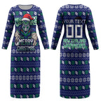 Personalized New Zealand Warriors Christmas Couples Matching Long Sleeve Bodycon Dress and Hawaiian Shirt Maori Rugby Fans - Pixelated Ugly Xmas Pattern Mascot Santa