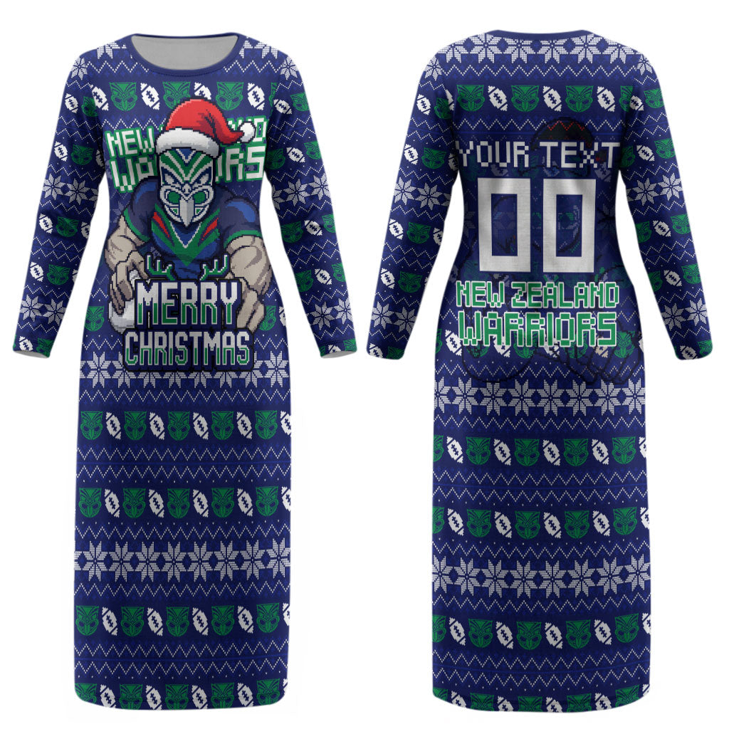 Personalized New Zealand Warriors Christmas Couples Matching Long Sleeve Bodycon Dress and Hawaiian Shirt Maori Rugby Fans - Pixelated Ugly Xmas Pattern Mascot Santa