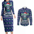 Personalized New Zealand Warriors Christmas Couples Matching Long Sleeve Bodycon Dress and Long Sleeve Button Shirt Maori Rugby Fans - Pixelated Ugly Xmas Pattern Mascot Santa
