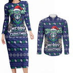 Personalized New Zealand Warriors Christmas Couples Matching Long Sleeve Bodycon Dress and Long Sleeve Button Shirt Maori Rugby Fans - Pixelated Ugly Xmas Pattern Mascot Santa
