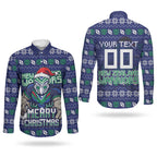 Personalized New Zealand Warriors Christmas Couples Matching Long Sleeve Bodycon Dress and Long Sleeve Button Shirt Maori Rugby Fans - Pixelated Ugly Xmas Pattern Mascot Santa