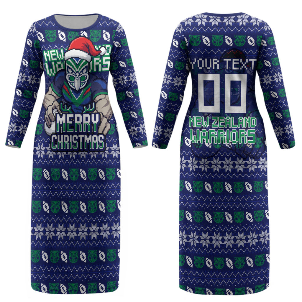 Personalized New Zealand Warriors Christmas Couples Matching Long Sleeve Bodycon Dress and Long Sleeve Button Shirt Maori Rugby Fans - Pixelated Ugly Xmas Pattern Mascot Santa