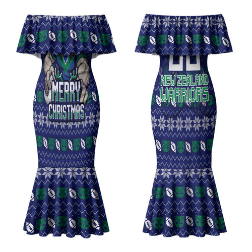 Personalized New Zealand Warriors Christmas Couples Matching Mermaid Dress and Long Sleeve Button Shirt Maori Rugby Fans - Pixelated Ugly Xmas Pattern Mascot Santa