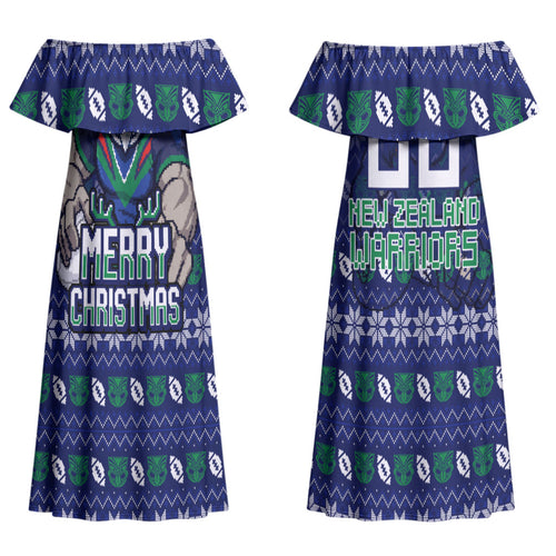 Personalized New Zealand Warriors Christmas Couples Matching Off Shoulder Maxi Dress and Hawaiian Shirt Maori Rugby Fans - Pixelated Ugly Xmas Pattern Mascot Santa