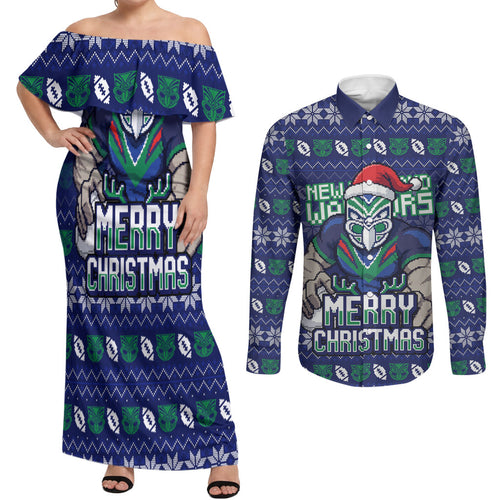 Personalized New Zealand Warriors Christmas Couples Matching Off Shoulder Maxi Dress and Long Sleeve Button Shirt Maori Rugby Fans - Pixelated Ugly Xmas Pattern Mascot Santa