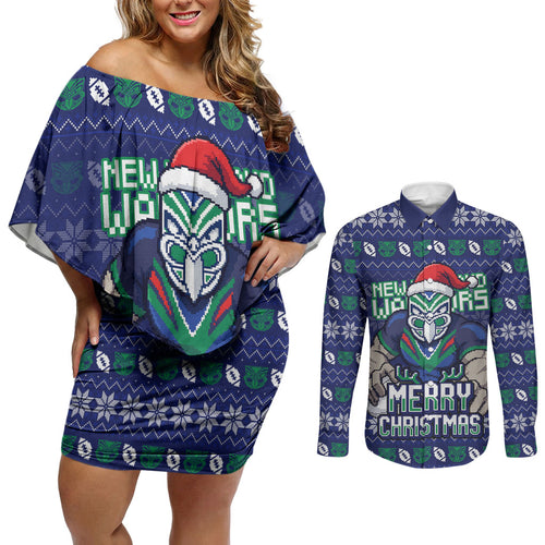Personalized New Zealand Warriors Christmas Couples Matching Off Shoulder Short Dress and Long Sleeve Button Shirt Maori Rugby Fans - Pixelated Ugly Xmas Pattern Mascot Santa