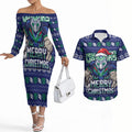 Personalized New Zealand Warriors Christmas Couples Matching Off The Shoulder Long Sleeve Dress and Hawaiian Shirt Maori Rugby Fans - Pixelated Ugly Xmas Pattern Mascot Santa