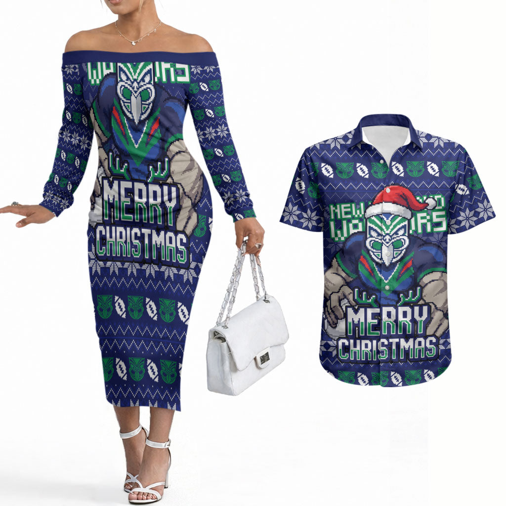 Personalized New Zealand Warriors Christmas Couples Matching Off The Shoulder Long Sleeve Dress and Hawaiian Shirt Maori Rugby Fans - Pixelated Ugly Xmas Pattern Mascot Santa
