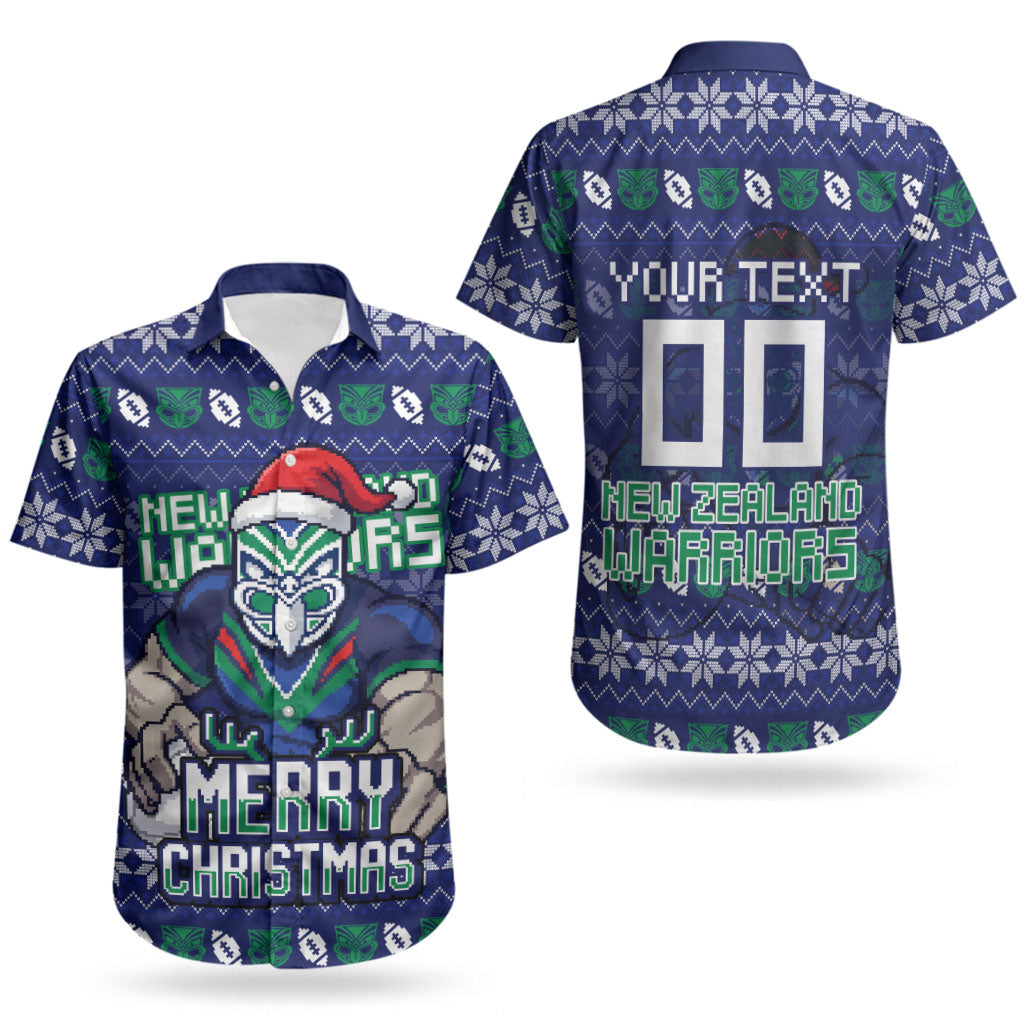 Personalized New Zealand Warriors Christmas Couples Matching Off The Shoulder Long Sleeve Dress and Hawaiian Shirt Maori Rugby Fans - Pixelated Ugly Xmas Pattern Mascot Santa